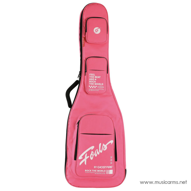 Bright pink guitar case with multiple zip pockets and a bold white Foals logo on the lower pocket. ขายราคาพิเศษ