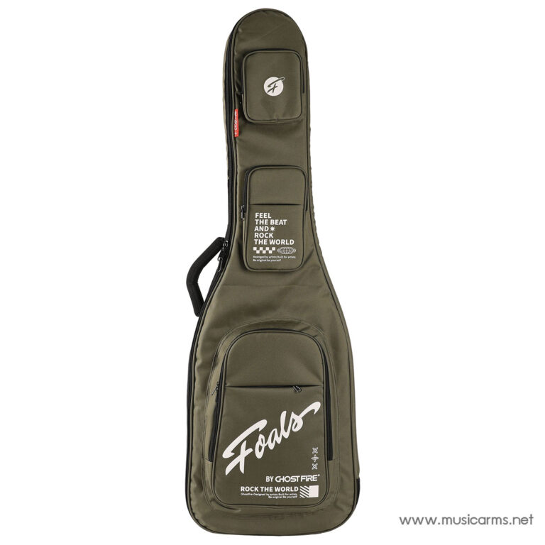 Olive-green guitar gig bag with multiple zip pockets and a large white script logo on the lower pocket. ขายราคาพิเศษ
