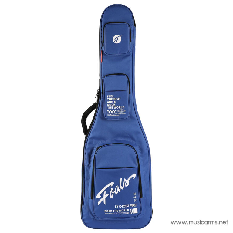 Blue guitar case with multiple zip pockets and white graphics, including the word 'Foals' and 'Rock the World' text, standing upright against a white background. ขายราคาพิเศษ