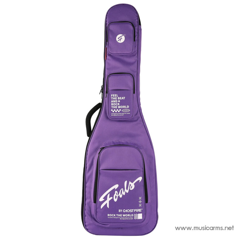 Purple guitar case with multiple zip pockets and white Foals branding, standing upright against a white background ขายราคาพิเศษ