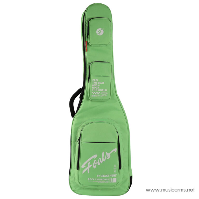 Bright green guitar case with multiple exterior pockets and white branding text on the front panel. ขายราคาพิเศษ
