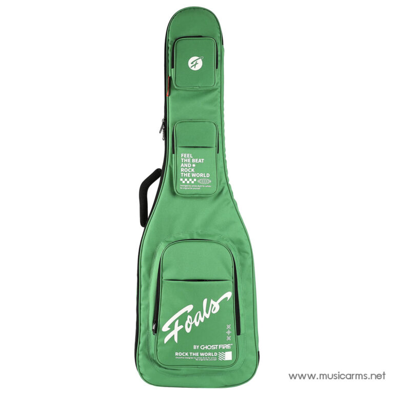Green guitar case with multiple zippered pockets and a white logo on the front, reading 'Feel the beat and rock the world' (also shows www.musicarms.net). ขายราคาพิเศษ