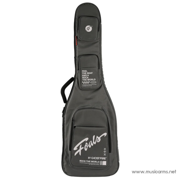 Grey soft guitar case with multiple zip pockets, a large front pocket displaying white script logo and 'Rock the world' text ขายราคาพิเศษ