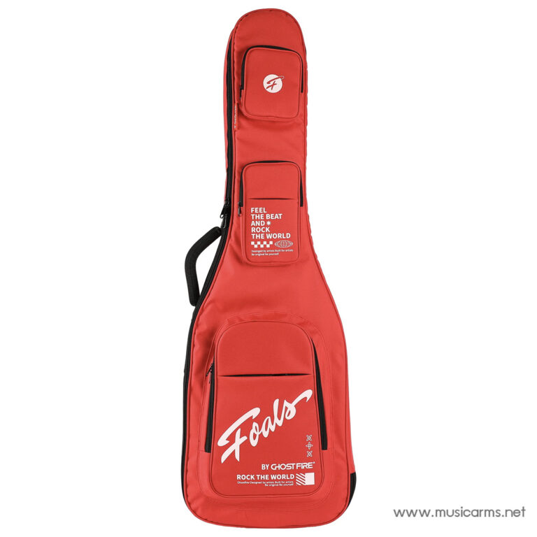 Red guitar case with zip pockets and a white Foals logo, standing upright against a white background. ขายราคาพิเศษ
