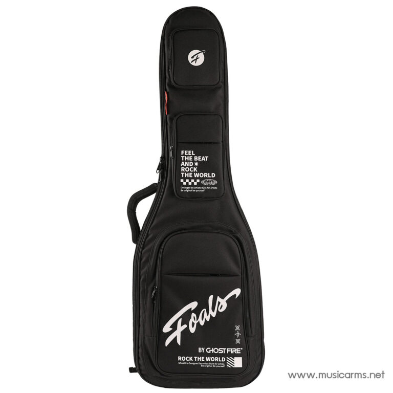 Black guitar case standing upright with multiple zip pockets and a side carrying handle; large white script logo on the lower pocket indicates branding for a rock guitar bag. ขายราคาพิเศษ