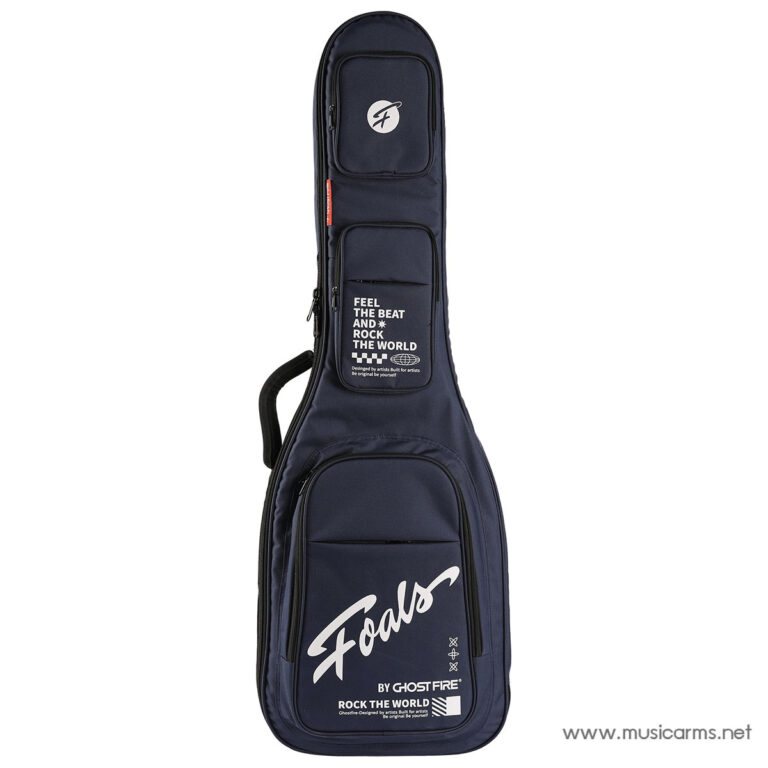Navy blue guitar case standing upright with multiple zip pockets and bold white 'Fools' script on the lower pocket, used for carrying a guitar. ขายราคาพิเศษ