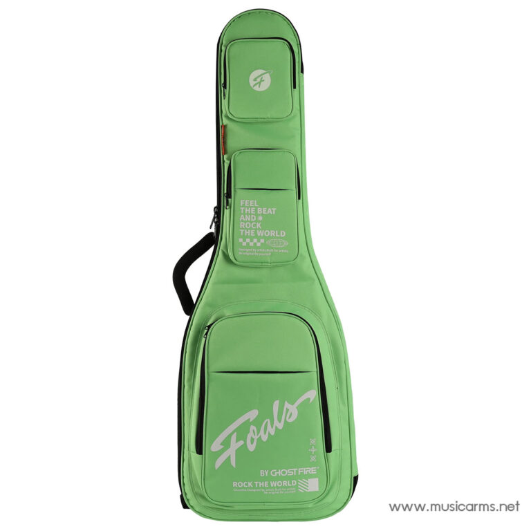 Bright green soft guitar case with multiple zip pockets, front logo says 'Fools' by Ghost Fire, stands upright against white background ขายราคาพิเศษ