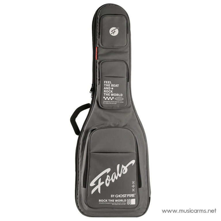 Grey soft guitar case with multiple zip pockets and a large white ขายราคาพิเศษ