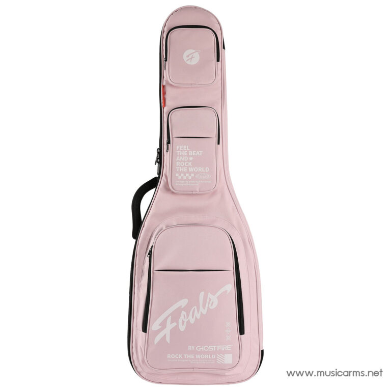 Pink padded guitar case with multiple zip pockets and white graphics on the front center pocket ขายราคาพิเศษ