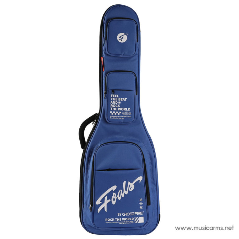 Blue padded guitar case with multiple zip pockets and white graphics, including a large 'Fools' logo and 'Rock the World' slogan. ขายราคาพิเศษ