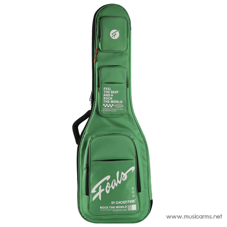 Green guitar case with multiple zip pockets and carrying strap, featuring white graphics and text on the front pocket. ขายราคาพิเศษ
