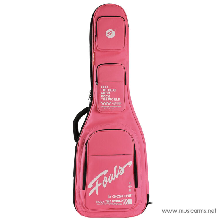 Pink guitar gig bag with multiple zippered pockets and white script logo at the bottom, photographed on a white background ขายราคาพิเศษ