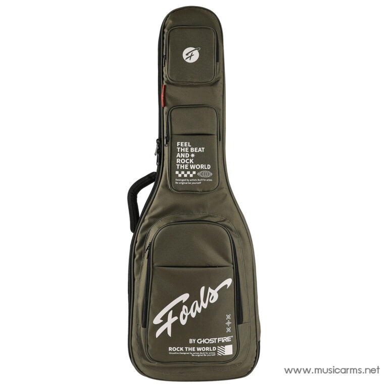 Olive-green padded guitar case with multiple zip pockets, featuring white graffiti-style text on the lower pocket and a white circular logo toward the top. ขายราคาพิเศษ
