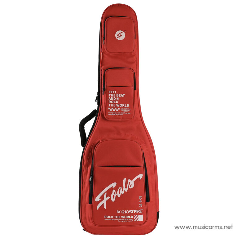 Red guitar case standing upright with multiple zip pockets and bold white logos on the front panel. ขายราคาพิเศษ