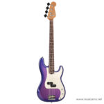 Purple electric bass guitar with white pickguard and four strings on a white background. ขายราคาพิเศษ