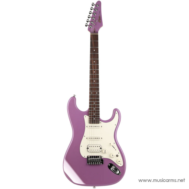 Purple Stratocaster-style electric guitar with a white pickguard and three pickups, shown upright. ขายราคาพิเศษ