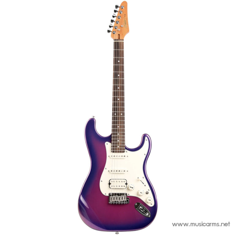 Purple-to-indigo electric guitar with white pickguard and three pickups, modeled after a Fender Stratocaster. ขายราคาพิเศษ