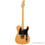 Yellow Fender-style Telecaster electric guitar with black pickguard on white background. ขายราคาพิเศษ