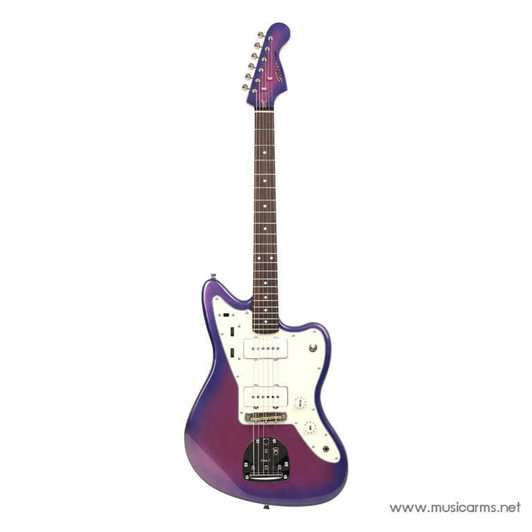 Purple gradient electric guitar with white pickguard and chrome bridge, full view against white background. ขายราคาพิเศษ