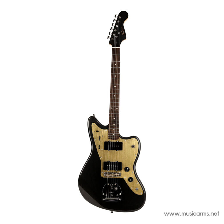 Black electric guitar with a gold pickguard and maple neck, standing upright against a white background. ขายราคาพิเศษ