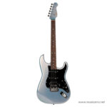Blue metallic Stratocaster-style electric guitar with maple neck and black pickguard. ขายราคาพิเศษ