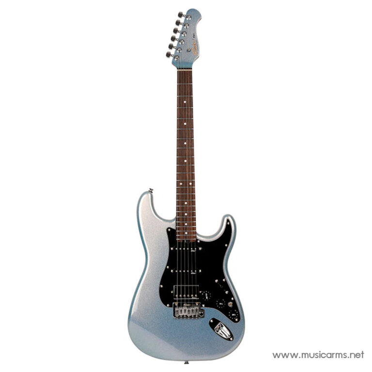 Blue metallic Stratocaster-style electric guitar with maple neck and black pickguard. ขายราคาพิเศษ