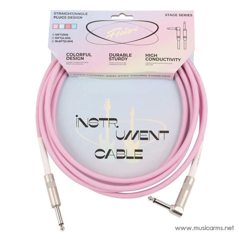Pink coiled 1/4-inch instrument cable with silver plugs and pastel packaging reading 'Instrument Cable' on the front. ขายราคาพิเศษ