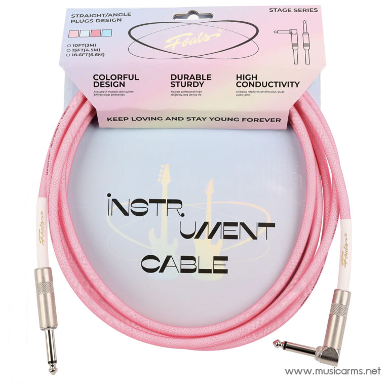 Pink braided instrument cable with 1/4-inch plugs, coiled and displayed in packaging labeled 'Instrument Cable' with guitar silhouettes in the background. ขายราคาพิเศษ