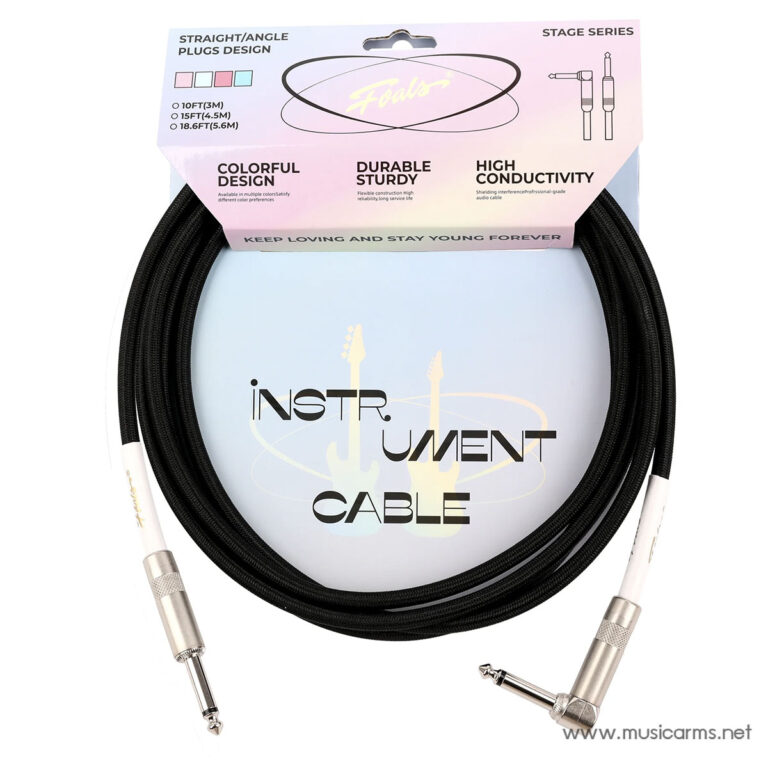 Coiled black guitar/instrument cable with 1/4-inch plugs, shown with pastel gradient packaging reading 'INSTRUMENT CABLE'. ขายราคาพิเศษ