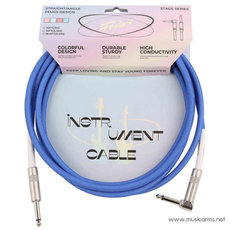 Blue braided instrument cable with straight and right-angle 1/4 inch plugs, coiled around a light background. ขายราคาพิเศษ