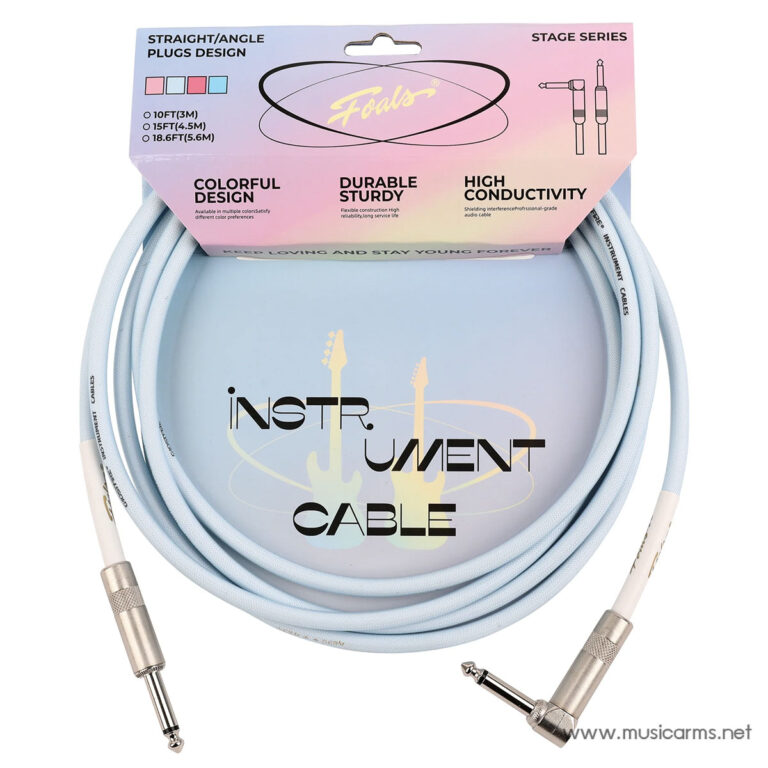 Coiled light-blue guitar instrument cable with 1/4 inch plugs, resting over packaging that reads 'INSTRUMENT CABLE' and features stage graphics. ขายราคาพิเศษ