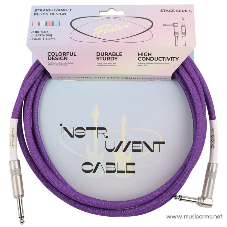 Purple braided instrument cable with straight/angle plugs coiled beside packaging reading 'Instrument Cable' ขายราคาพิเศษ