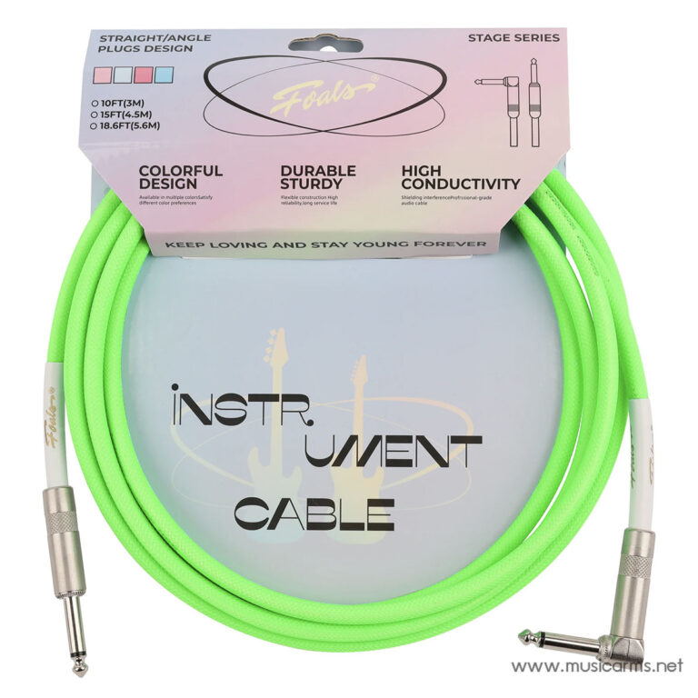 Bright green guitar instrument cable coiled around a circular display labeled 'INSTRUMENT CABLE' with 1/4 inch plugs on both ends. ขายราคาพิเศษ