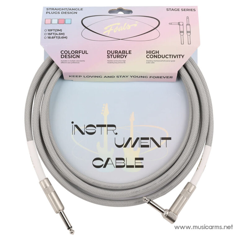 Gray braided instrument cable with straight and right-angle 1/4 inch plugs, coiled over pastel packaging labeled 'Instrument Cable'. ขายราคาพิเศษ