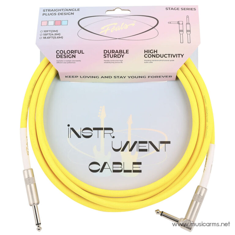 Bright yellow 1/4-inch instrument cable coiled around pastel packaging labeled 'Instrument Cable'. ขายราคาพิเศษ