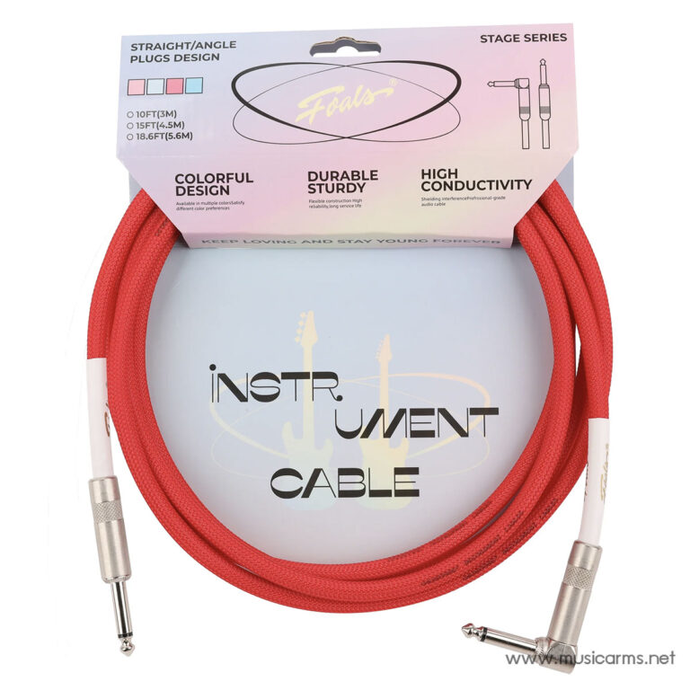 Red braided 1/4-inch instrument cable with straight and right-angle plugs, coiled beside its pastel packaging that reads 'INSTRUMENT CABLE' ขายราคาพิเศษ