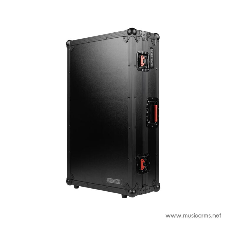 Black rugged road case with metal reinforcements and red latches, standing upright for gear transport. ขายราคาพิเศษ