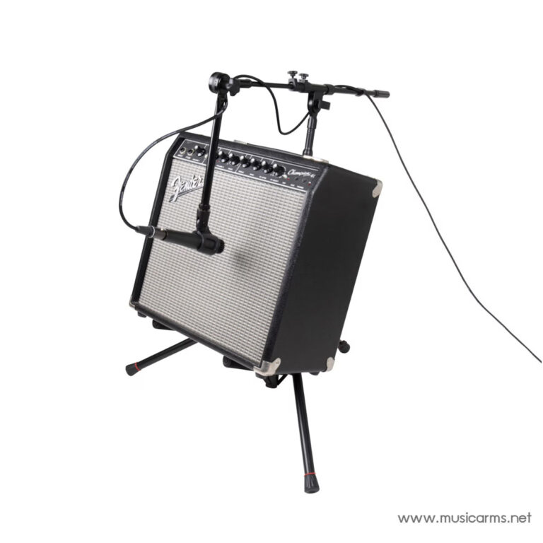 Black Fender guitar amplifier on a portable stand with a microphone set up in front for recording or live sound. ขายราคาพิเศษ