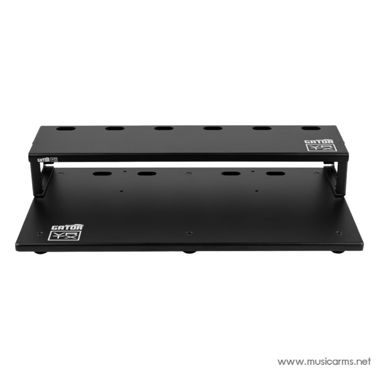 Black two-tier metal pedalboard with circular cutouts and a raised upper deck (Gator logo visible).Example for stage use or pedal organization. ขายราคาพิเศษ
