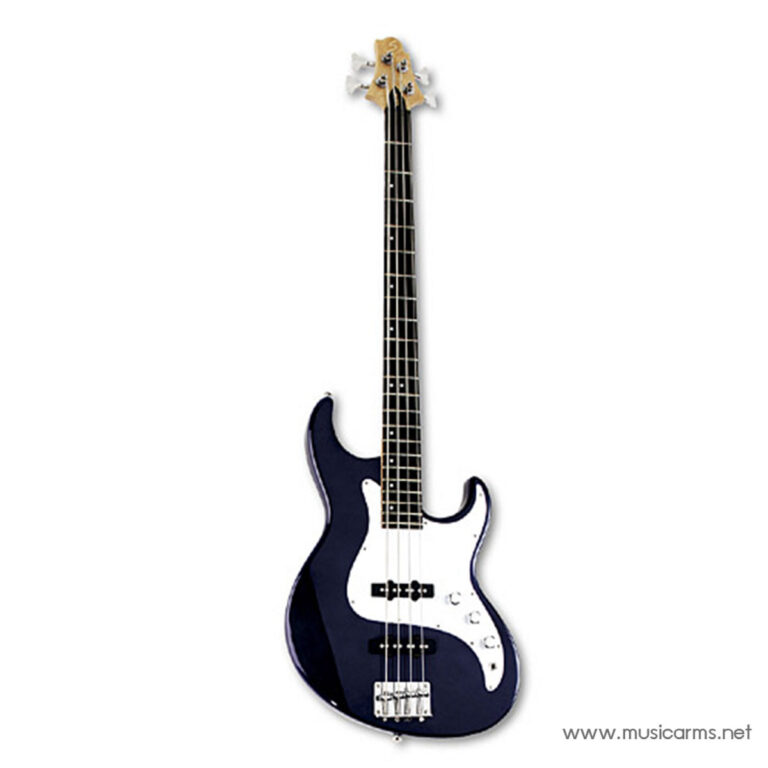 Blue electric bass guitar with a white pickguard on a white background. ขายราคาพิเศษ