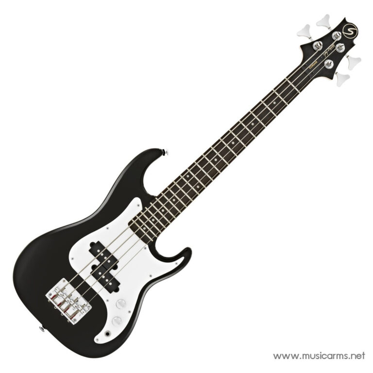 Black 4-string electric bass guitar with white pickguard, shown diagonally across a white background. ขายราคาพิเศษ