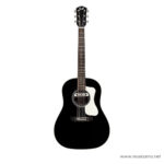 Black acoustic guitar with a white pickguard and six strings on a white background. ลดราคาพิเศษ
