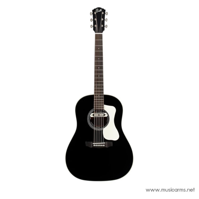 Black acoustic guitar with a white pickguard and six strings on a white background. ขายราคาพิเศษ
