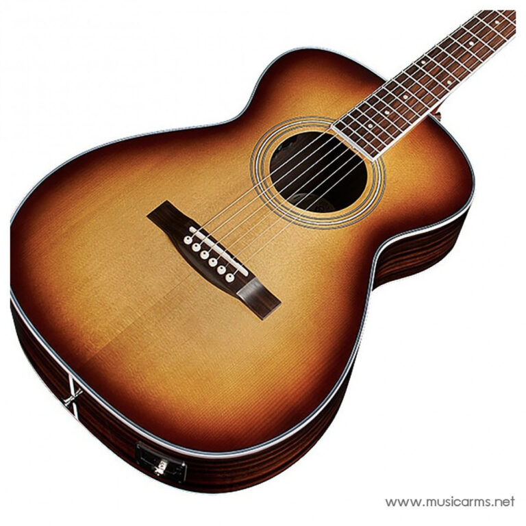 Sunburst acoustic guitar photographed at an angle showing the body, soundhole, and neck. ขายราคาพิเศษ