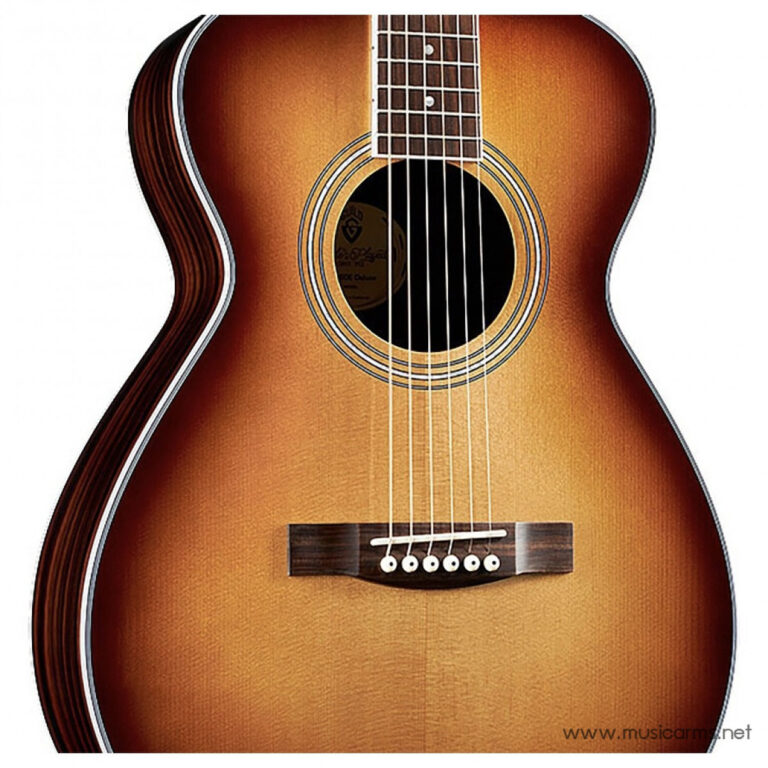 Sunburst acoustic guitar close-up showing the soundhole, six strings, and bridge viewed from the front. ขายราคาพิเศษ