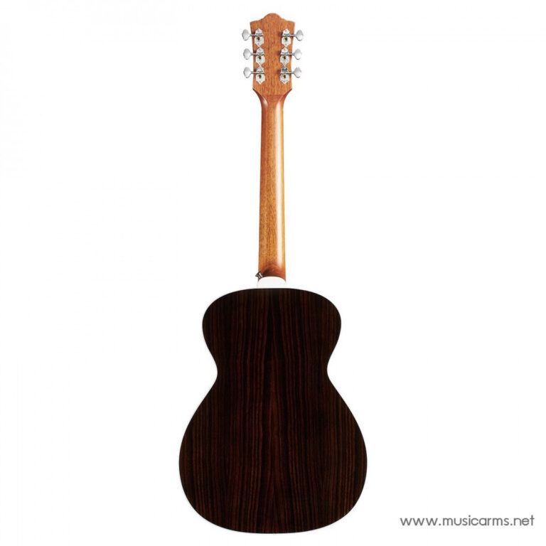 Back view of a dark wood acoustic guitar with a light brown neck and headstock on a white background. ขายราคาพิเศษ