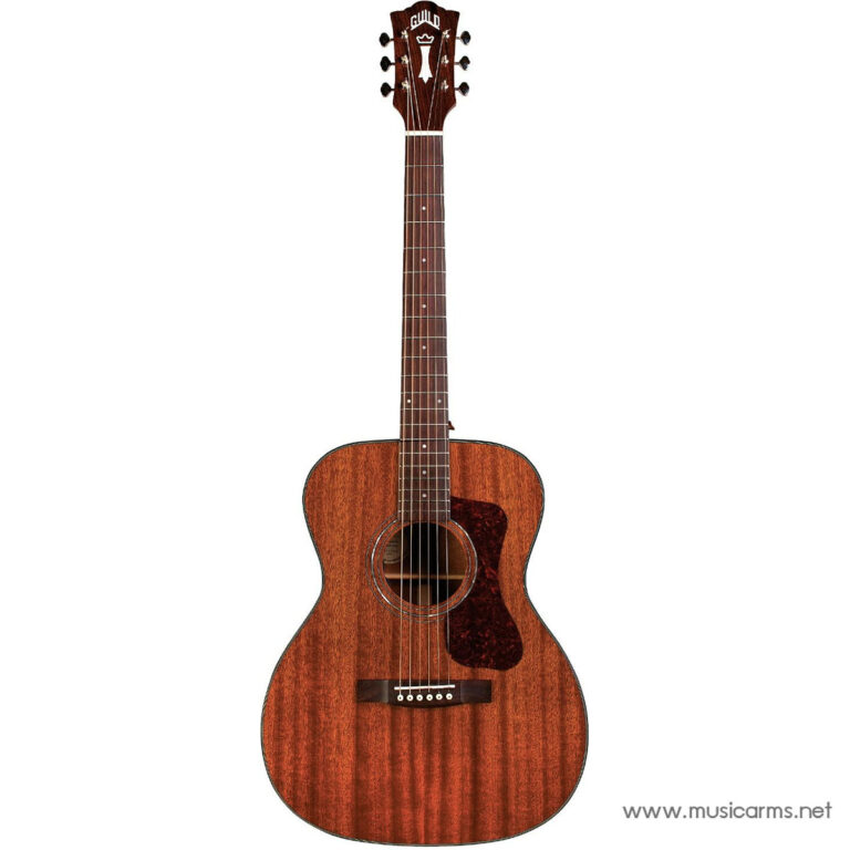 Full-length image of a wooden acoustic guitar with a reddish-brown finish, white bridge pins, dark tortoise-pattern pickguard, and central soundhole, displayed on a white background. ขายราคาพิเศษ