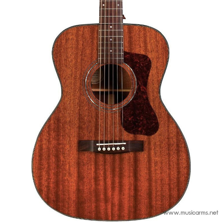 Acoustic guitar with a reddish-brown wood finish, round soundhole, and dark tortoiseshell pickguard. ขายราคาพิเศษ