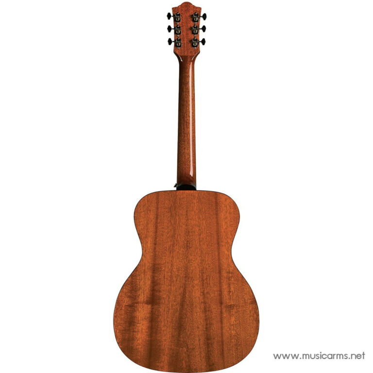 Back view of a polished wooden acoustic guitar standing upright, showing the body’s brown grain and neck extending upward ขายราคาพิเศษ