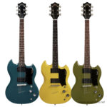 Three Guild electric guitars in teal, yellow, and olive green with black pickguards, lined up against a white background. ลดราคาพิเศษ